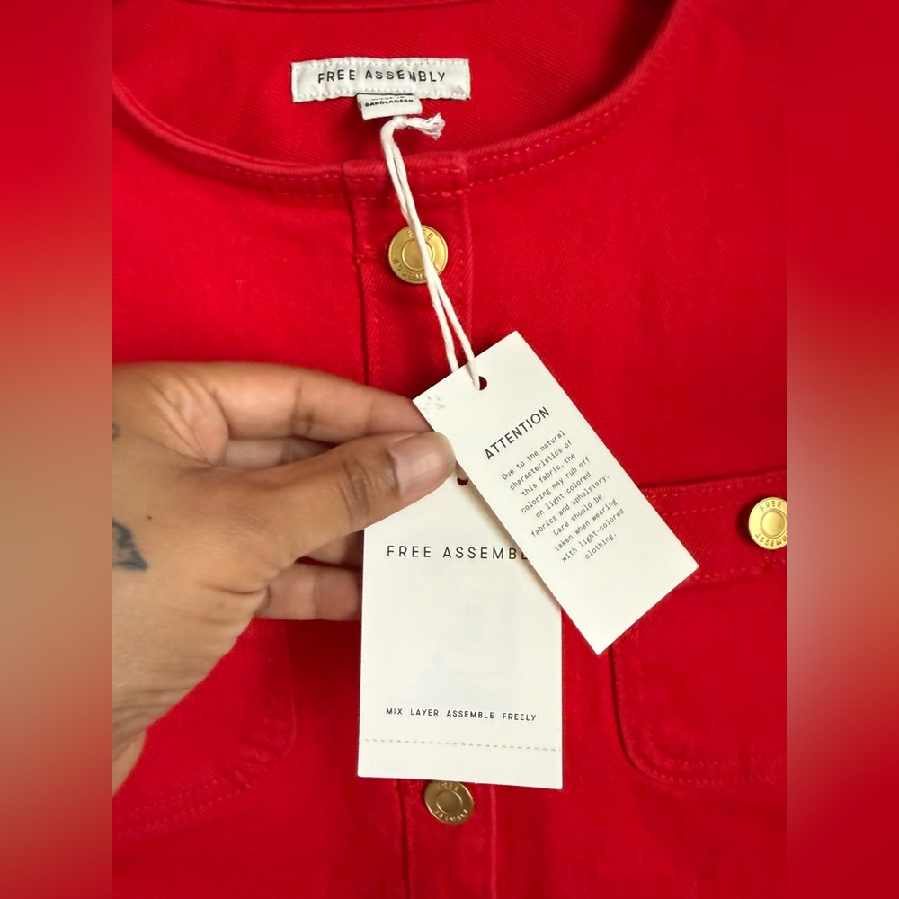 Bright Red Button-Front Jean Jacket and Cherry Crossbody Bag - Picture 2 of 6